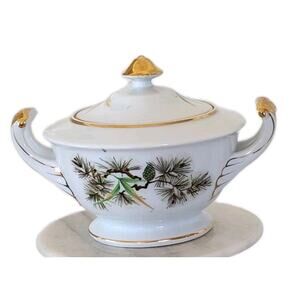 Gem China Pinecones Gold Trim Handled Sugar Bowl With Lid Japan 50s Kyoto Table